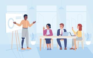 Corporate meeting flat color vector illustration. Delivering presentation. Colleagues discussing company tactics. Fully editable 2D simple cartoon characters with presentation board on background