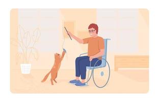 Disabled person playing with cat 2D vector isolated illustration. Positive flat character on cartoon background. Home environment colourful editable scene for mobile, website, presentation