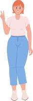 Lady showing peace gesture semi flat color vector character. Editable figure. Full body person on white. Happy woman simple cartoon style illustration for web graphic design and animation