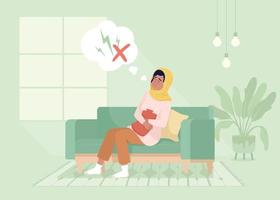 mujer con almohadilla térmica que alivia el dolor menstrual ilustración de vector de color plano. hacer frente a los calambres menstruales. personaje de dibujos animados simple 2d completamente editable con interior de casa en el fondo