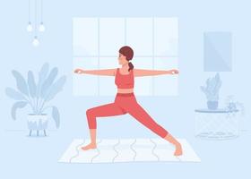 Woman practicing yoga at home flat color vector illustration. Sports activity. Exercises for body and mind. Fully editable 2D simple cartoon character with domestic interior on background