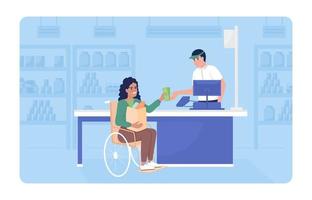 Disabled person at supermarket 2D vector isolated illustration. Buying food products flat characters on cartoon background. Daily routine colourful editable scene for mobile, website, presentation