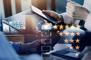 Customer evaluation feedback.men in suit Giving Positive Review for Client's Satisfaction Surveys.giving a five star rating. Service rating, satisfaction concept photo
