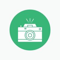 Camera. photography. capture. photo. aperture White Glyph Icon in Circle. Vector Button illustration