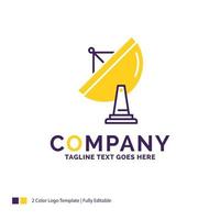 Company Name Logo Design For satellite. antenna. radar. space. dish. Purple and yellow Brand Name Design with place for Tagline. Creative Logo template for Small and Large Business. vector