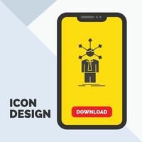 desarrollo. humano. la red. personalidad. icono de autoglifo en el móvil para la página de descarga. fondo amarillo vector