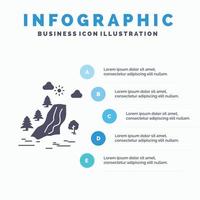 cascada. árbol. dolor. nubes plantilla de infografía de naturaleza para sitio web y presentación. icono de glifo gris con ilustración de vector de estilo infográfico azul.