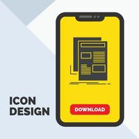 noticias. Boletin informativo. periódico. medios de comunicación. icono de glifo de papel en el móvil para la página de descarga. fondo amarillo vector