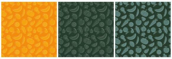 Set of Vegetarian, Fruit or Vegetables Seamless Pattern Design with Fresh, Organic and Natural Food in Hand Drawn Flat Cartoon Background Illustration vector