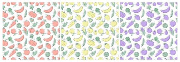 Set of Vegetarian, Fruit or Vegetables Seamless Pattern Design with Fresh, Organic and Natural Food in Hand Drawn Flat Cartoon Background Illustration vector