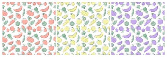 conjunto de diseño de patrones sin fisuras vegetarianos, frutas o verduras con alimentos frescos, orgánicos y naturales en la ilustración de fondo de dibujos animados planos dibujados a mano vector