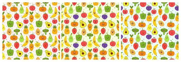 Set of Vegetarian, Fruit or Vegetables Seamless Pattern Design with Fresh, Organic and Natural Food in Hand Drawn Flat Cartoon Background Illustration vector