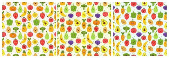 conjunto de diseño de patrones sin fisuras vegetarianos, frutas o verduras con alimentos frescos, orgánicos y naturales en la ilustración de fondo de dibujos animados planos dibujados a mano vector