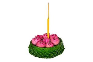Banana leaf Krathong that have 3 incense sticks and candle decorates with pink lotus flowers for Thailand full moon or Loy Krathong festival isolated on white background. photo