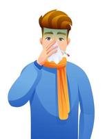 Sick man has running nose and feels uncomfortable. A guy has a bad fever cartoon illustration vector