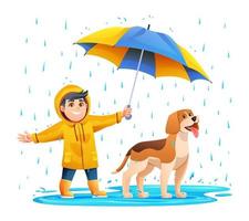 Cheerful boy with his dog using umbrella in the rain vector illustration