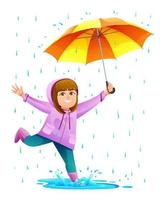 chica alegre con paraguas jugando charco bajo la lluvia ilustración de dibujos animados vector