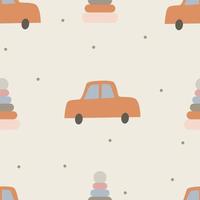 Seamless pattern with toy car and pyramid in boho style. Vector illustration