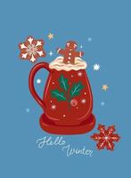 Postcard with winter holiday hot drink. Vector graphics.