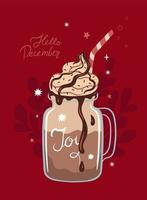 Postcard with winter holiday hot drink. Vector graphics.