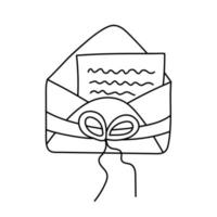 Envelope with letter invitation in doodle style. Simple craft paper envelope with bow.  Black and white vector illustration for coloring book.