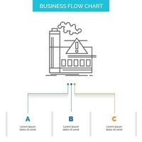 contaminación. fábrica. aire. alerta. diseño de diagrama de flujo de negocios de la industria con 3 pasos. icono de línea para el lugar de plantilla de fondo de presentación para texto vector