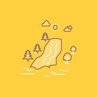 waterfall. tree. pain. clouds. nature Flat Line Filled Icon. Beautiful Logo button over yellow background for UI and UX. website or mobile application vector