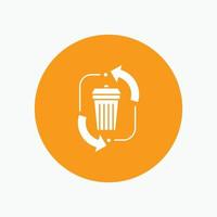 desperdicio. desecho. basura. administración. reciclar icono de glifo blanco en círculo. ilustración de botón de vector