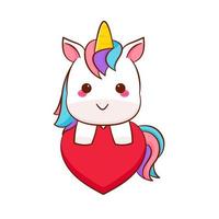 linda caricatura de unicornio mágico con vector de corazón de amor. pony caricatura animal kawaii. Aislado en un fondo blanco.
