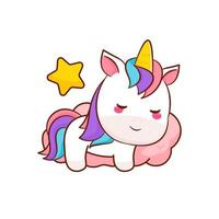 linda caricatura de unicornio mágico durmiendo sobre el vector de nubes. pony pegasus dibujos animados kawaii animal. Aislado en un fondo blanco.