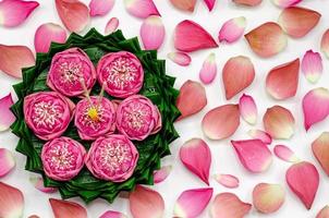 Banana leaf Krathong with 3 incense sticks and candle decorates with pink lotus flower for Thailand Full moon or Loy Krathong festival. photo