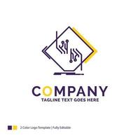 Company Name Logo Design For Board. chip. circuit. network. electronic. Purple and yellow Brand Name Design with place for Tagline. Creative Logo template for Small and Large Business. vector