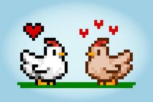 8 bit pixel chicken pair. Animals for game assets in vector illustration.