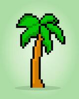 8 bit pixels coconut tree. Beach tree for game assets in vector illustration.