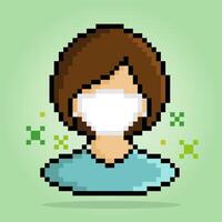 Girl with 8 bit pixel medical mask. People in pairs for game assets in vector illustration.