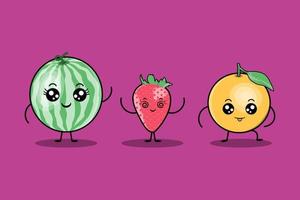 cute colorfull kawaii fruits cartoon characters vector set with many expression