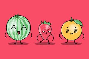 cute colorfull kawaii fruits cartoon characters vector set with many expression