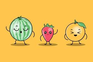 cute colorfull kawaii fruits cartoon characters vector set with many expression