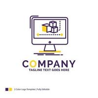 Company Name Logo Design For Animation. computer. editor. monitor. software. Purple and yellow Brand Name Design with place for Tagline. Creative Logo template for Small and Large Business. vector