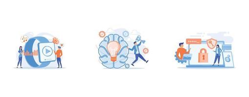 Users listening and huge smartwatch with player icon, Brain with bulb and user jumps carrying cup, Developers work on cyber security program, set flat vector modern illustration