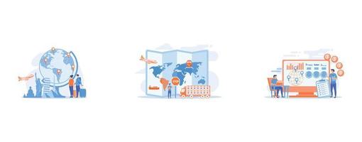 Tourists visiting Europe, America, Asia, Banned products transportation, smuggling, Logistics industry and freight profit analyzing, set flat vector modern illustration