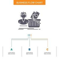 salario. compras. cesta. compras. diseño de diagrama de flujo empresarial femenino con 3 pasos. icono de glifo para el lugar de plantilla de fondo de presentación para texto. vector