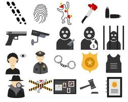 Crime investigations icons set. Collection of flat icons such as, fingerprint, footprint, police officer, crime scene, robbery, terrorist, handcuff, detective, handgun and others vector
