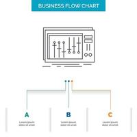 consola. DJ. mezclador. música. diseño de diagrama de flujo de negocios de estudio con 3 pasos. icono de línea para el lugar de plantilla de fondo de presentación para texto vector