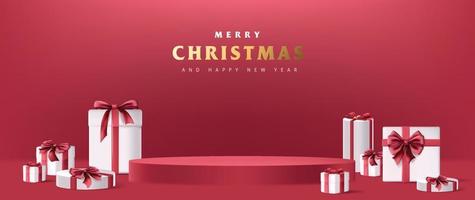 banner de feliz navidad con exhibición de producto forma cilíndrica y caja de regalo decoración de lazo rojo fondo rojo vector