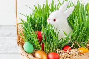 canasta de pascua con hierba verde llena de huevos de pascua de colores brillantes y conejito blanco. Felices Pascuas. foto