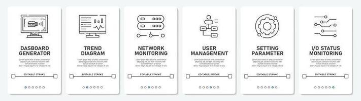 menú digital de desarrollo de interfaz de usuario hmi, scada, plc, red, monitoreo, estado, sitio web, pantallas de aplicaciones móviles diseño plano vektor simple vector