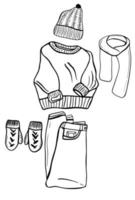 conjunto de garabatos negros de ropa de abrigo. ilustración de ropa dibujada a mano. kit de ropa acogedora vector