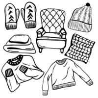 conjunto de garabatos negros de ropa de abrigo y artículos de interior para el hogar. ilustración de ropa dibujada a mano. kit de elementos acogedores vector