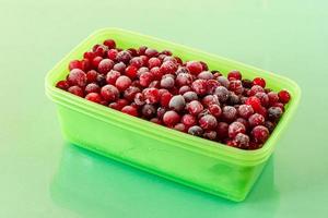 Frozen cranberries. Frozen organic berries for desserts and bakery photo